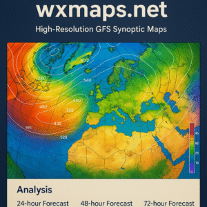 High-resolution synoptic weather map showing GFS model data for Europe with isobars, temperature gradients, and forecast time labels. wxmaps