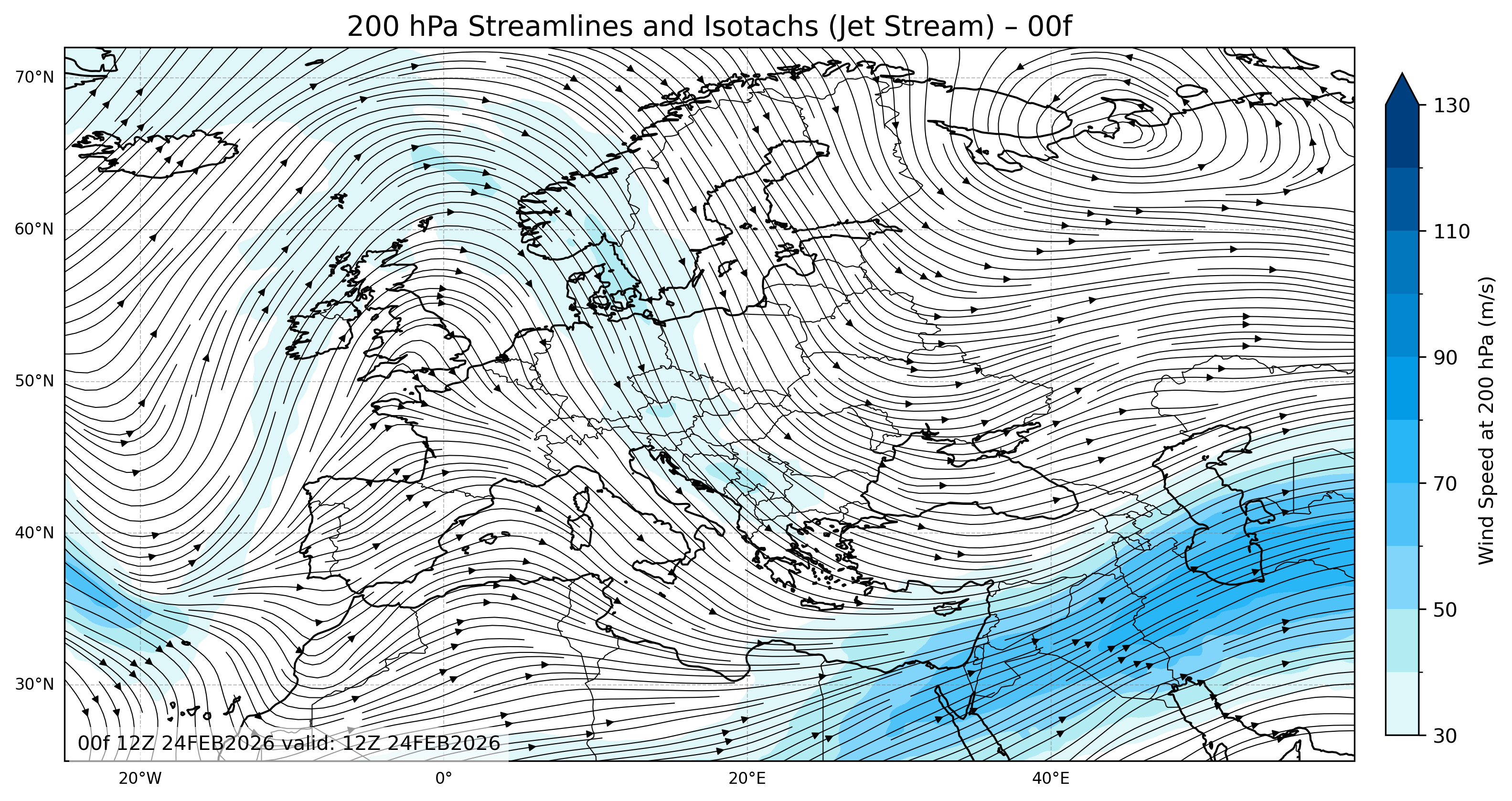 Euro 200mb Streamlines Isotachs 00