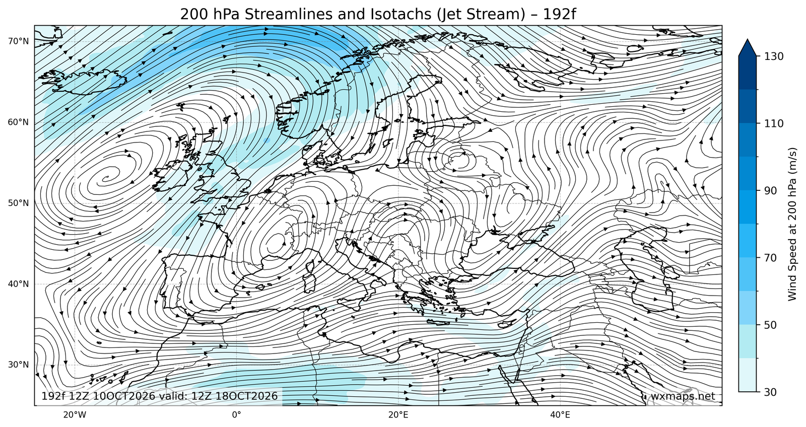 Euro 200mb Streamlines Isotachs 72f