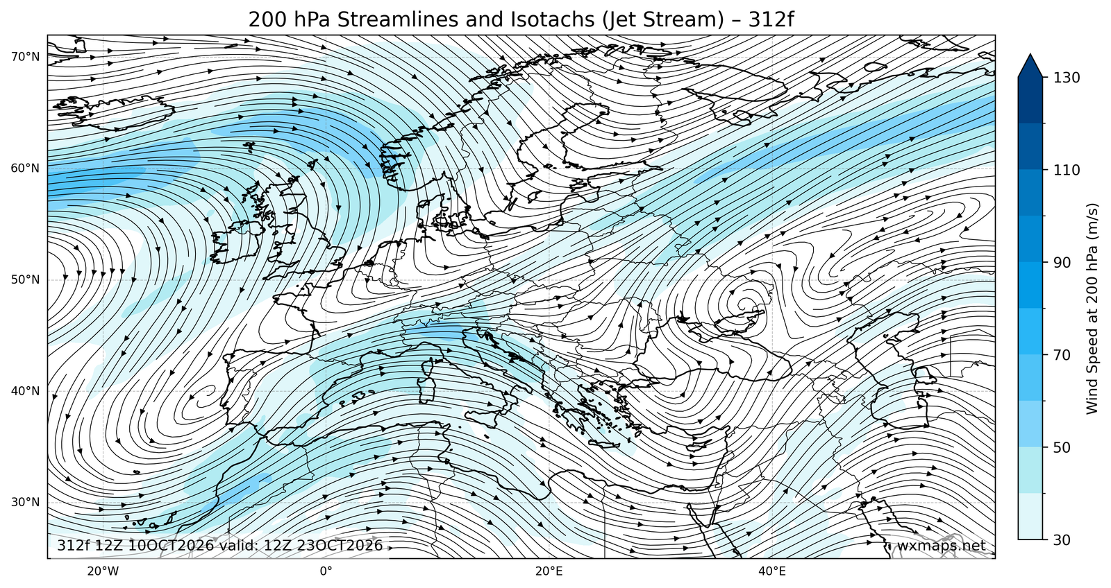 Euro 200mb Streamlines Isotachs 72f