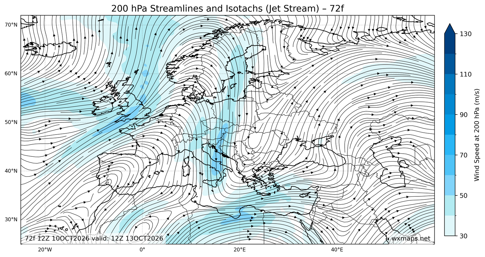 Euro 200mb Streamlines Isotachs 72f