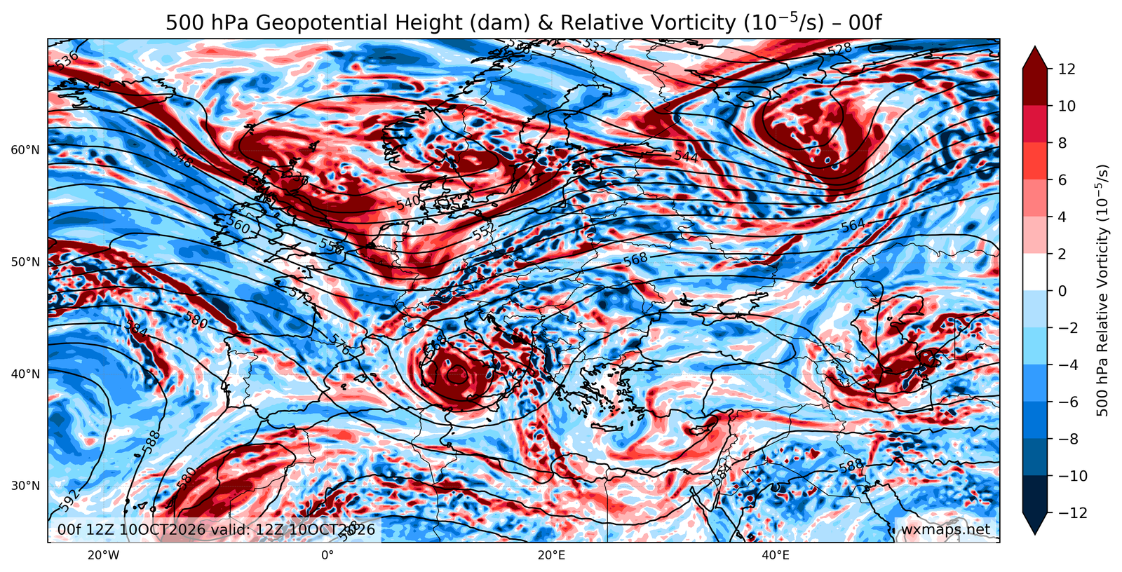 Euro 500 hPa Geopotential Height and Relative Vorticity Charts 00