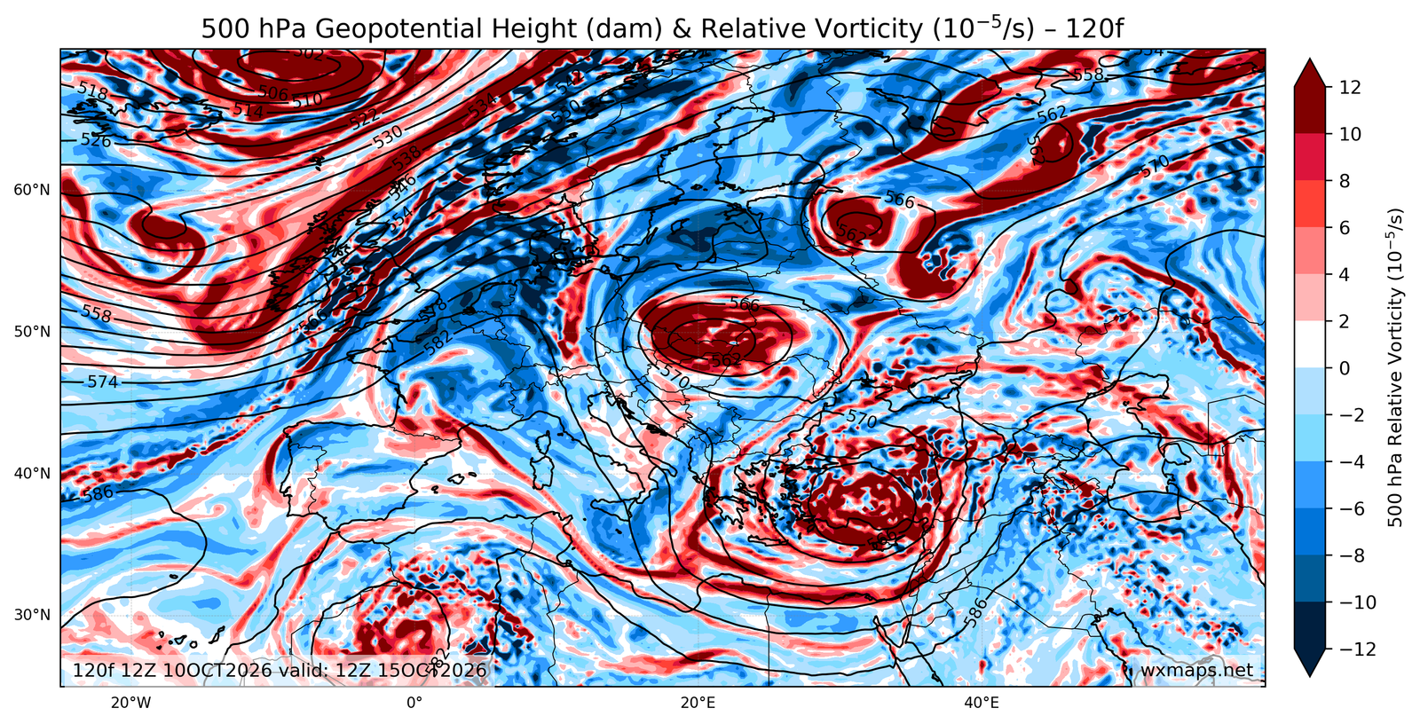 Euro 500 hPa Geopotential Height and Relative Vorticity Charts 00