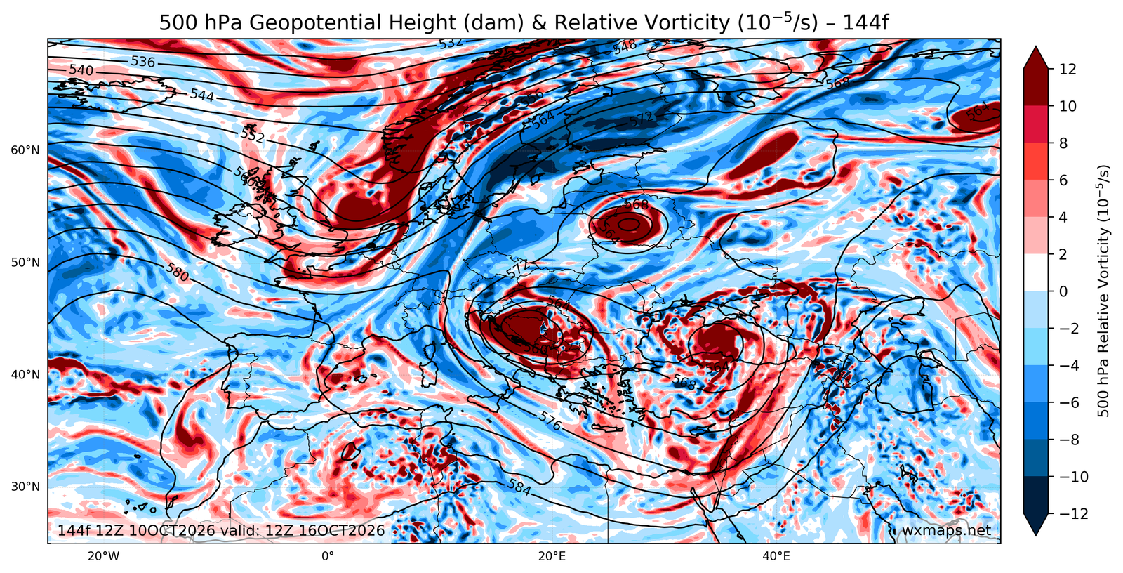Euro 500 hPa Geopotential Height and Relative Vorticity Charts 00