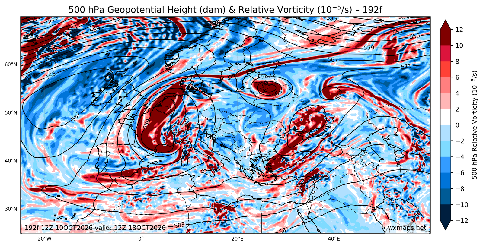 Euro 500 hPa Geopotential Height and Relative Vorticity Charts 00