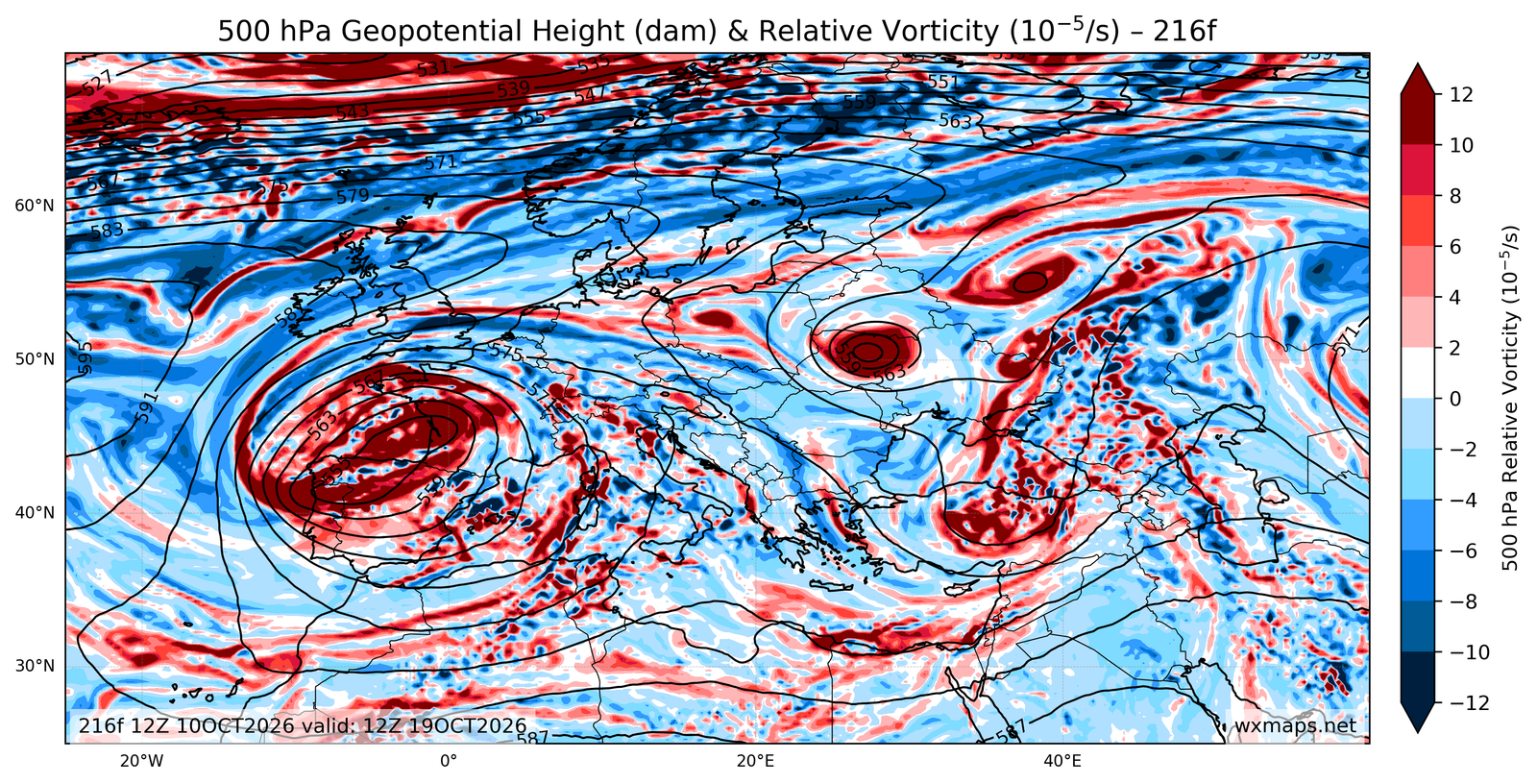 Euro 500 hPa Geopotential Height and Relative Vorticity Charts 00