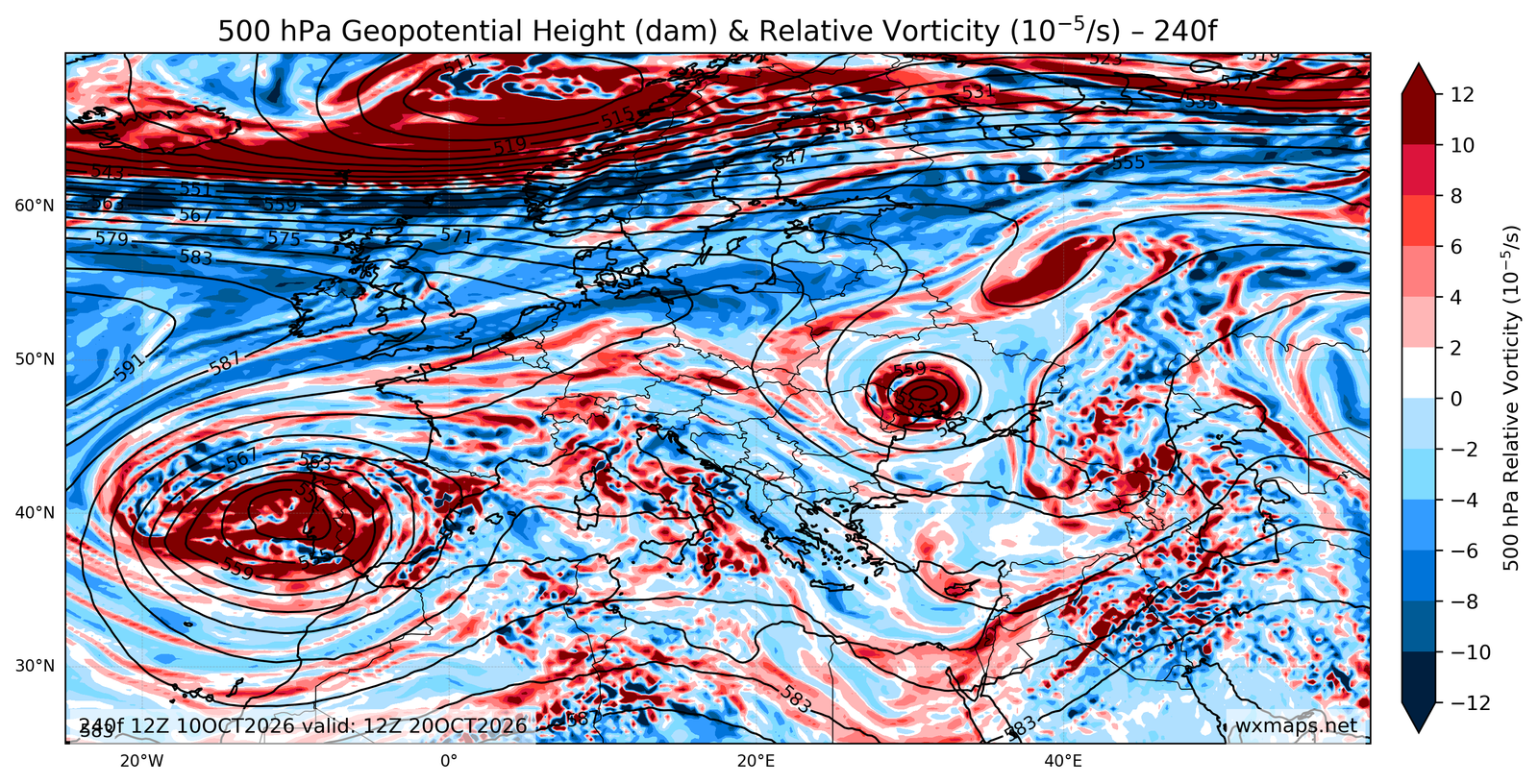 Euro 500 hPa Geopotential Height and Relative Vorticity Charts 00