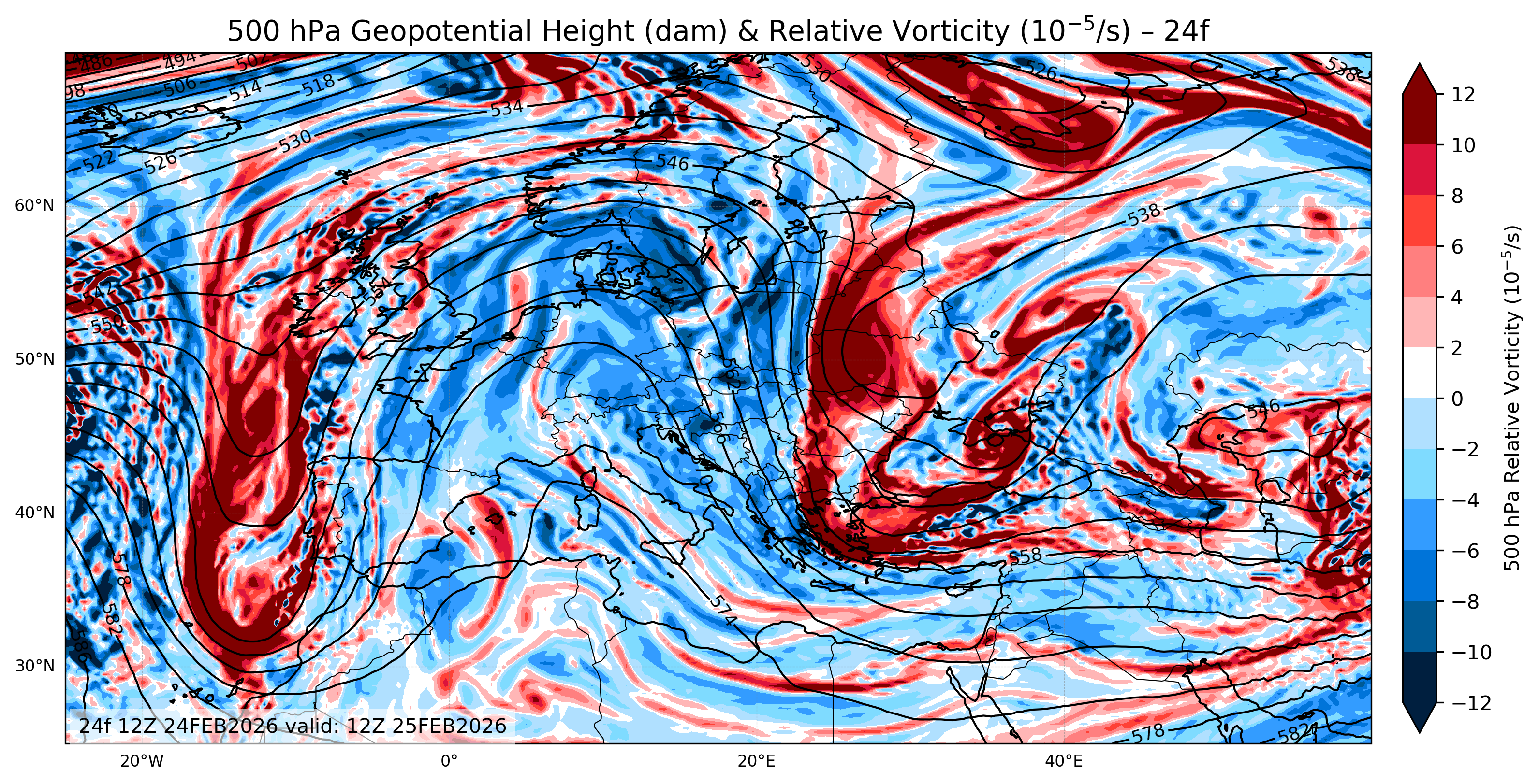Euro 500 hPa Geopotential Height and Relative Vorticity Charts 24