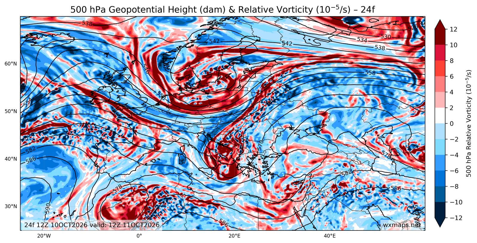 Euro 500 hPa Geopotential Height and Relative Vorticity Charts 24