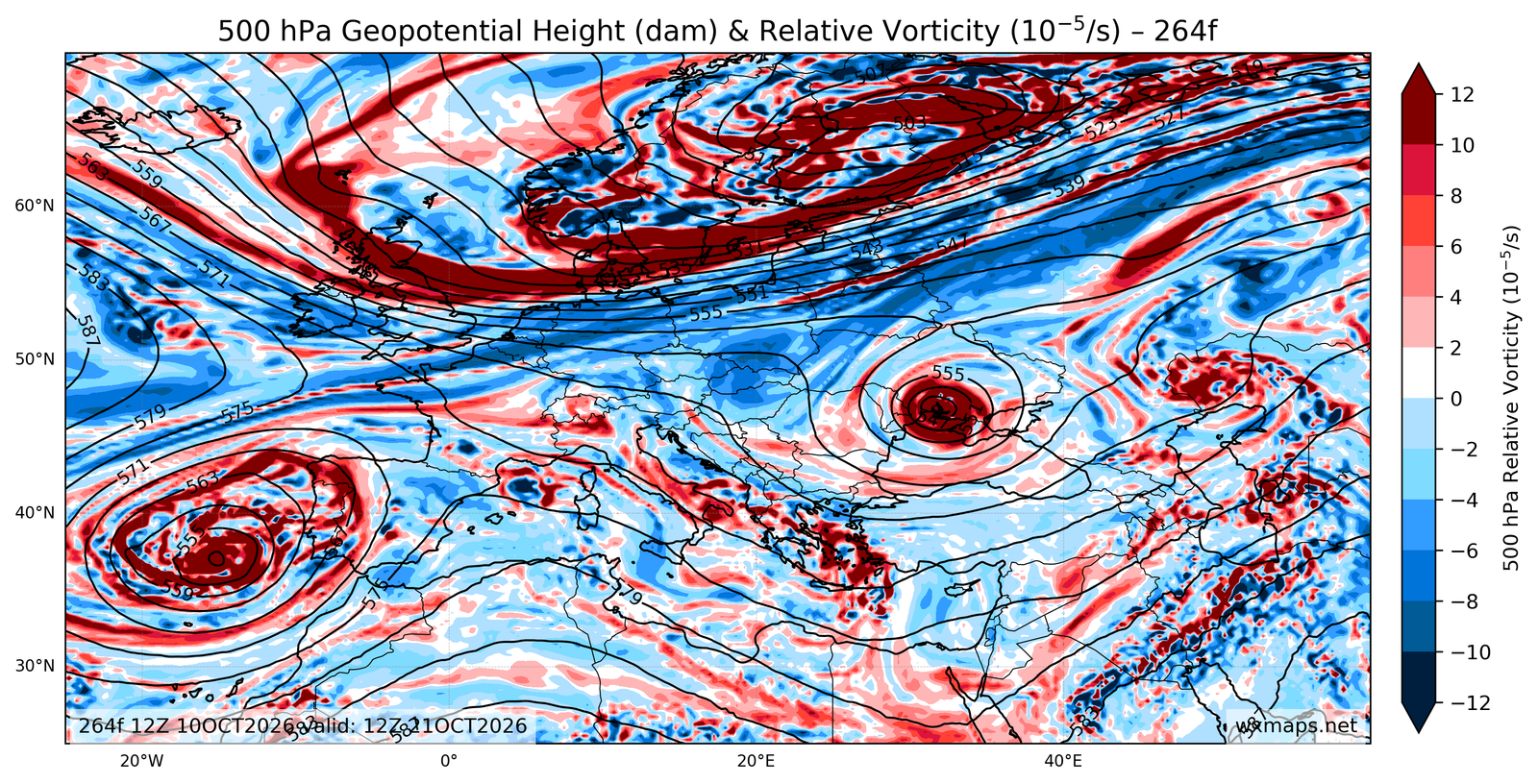 Euro 500 hPa Geopotential Height and Relative Vorticity Charts 00