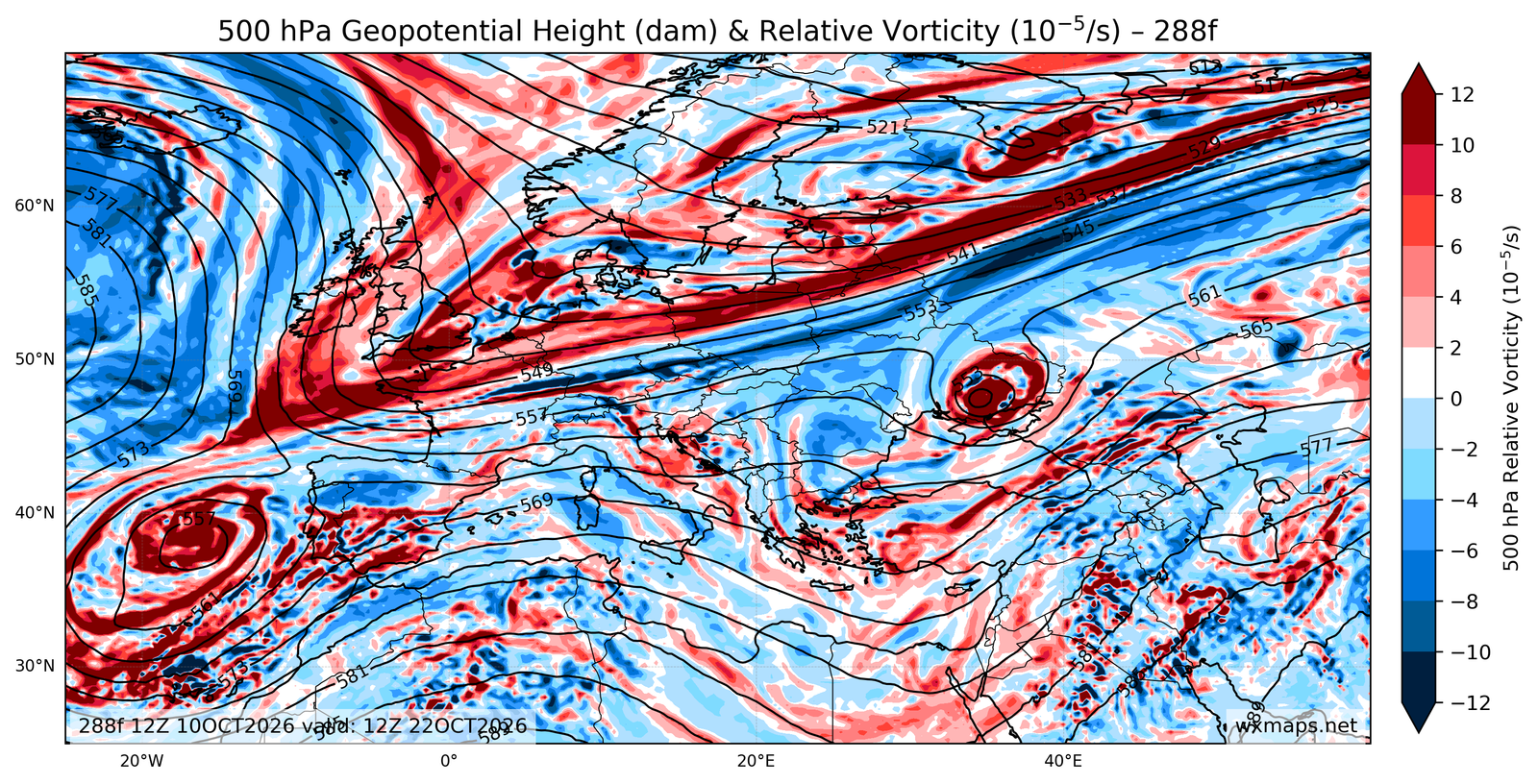 Euro 500 hPa Geopotential Height and Relative Vorticity Charts 00