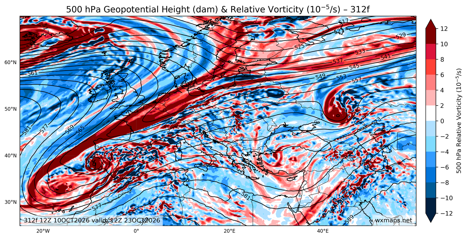 Euro 500 hPa Geopotential Height and Relative Vorticity Charts 00