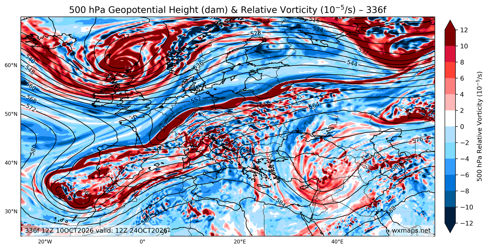 Euro 500 hPa Geopotential Height and Relative Vorticity Charts 00