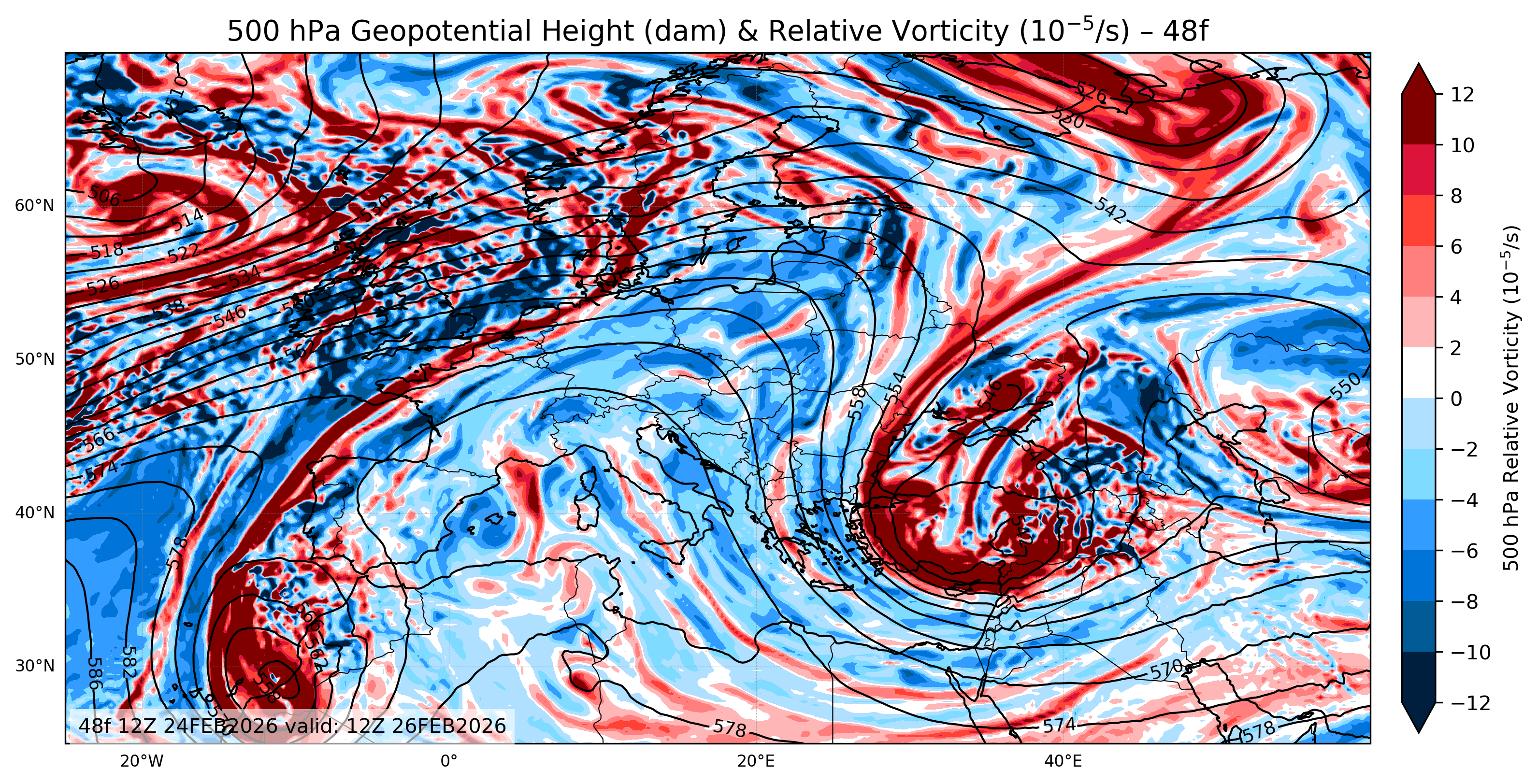 Euro 500 hPa Geopotential Height and Relative Vorticity Charts 48