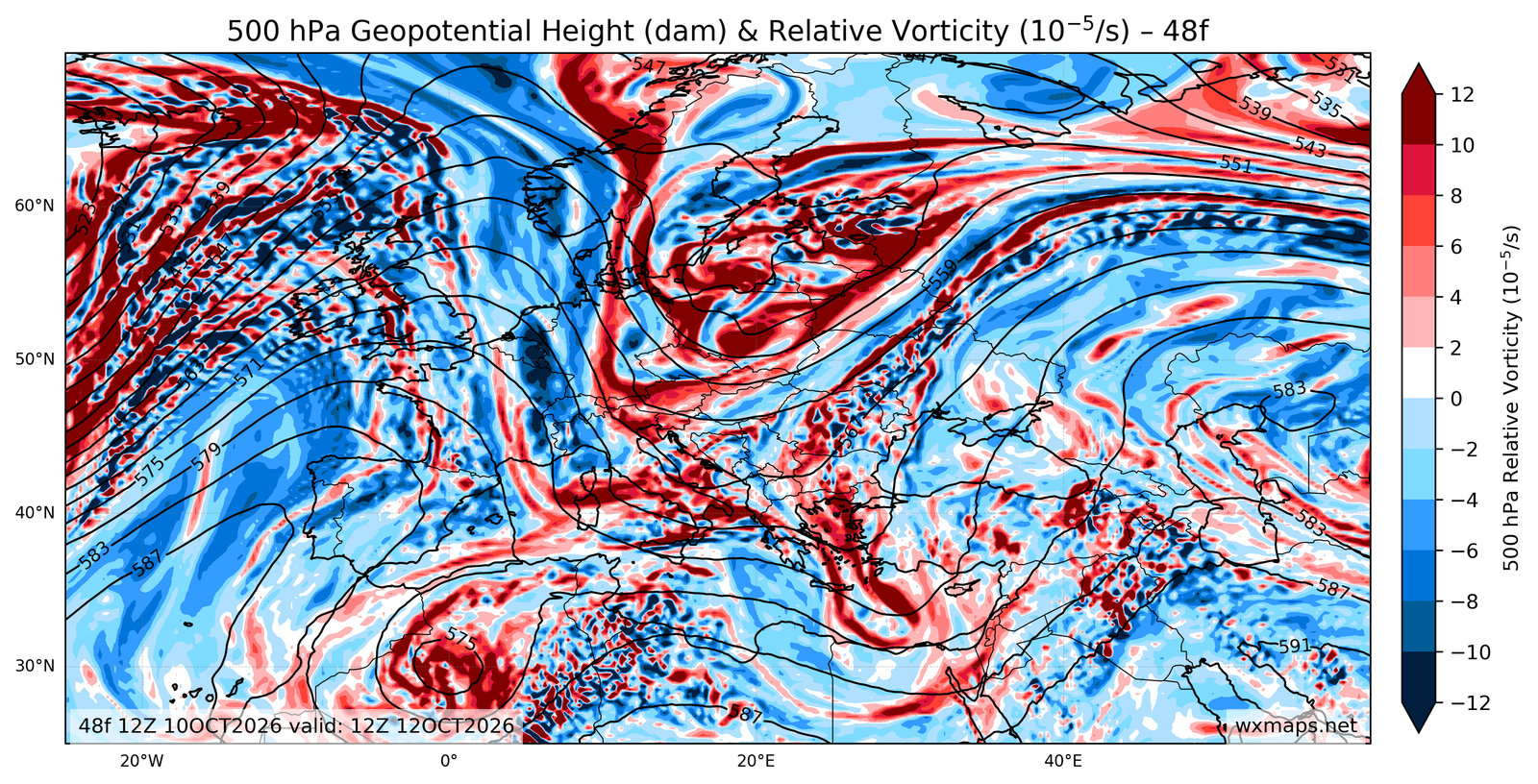 Euro 500 hPa Geopotential Height and Relative Vorticity 48 forecast map showing 48-hour predicted vorticity and geopotential height contours