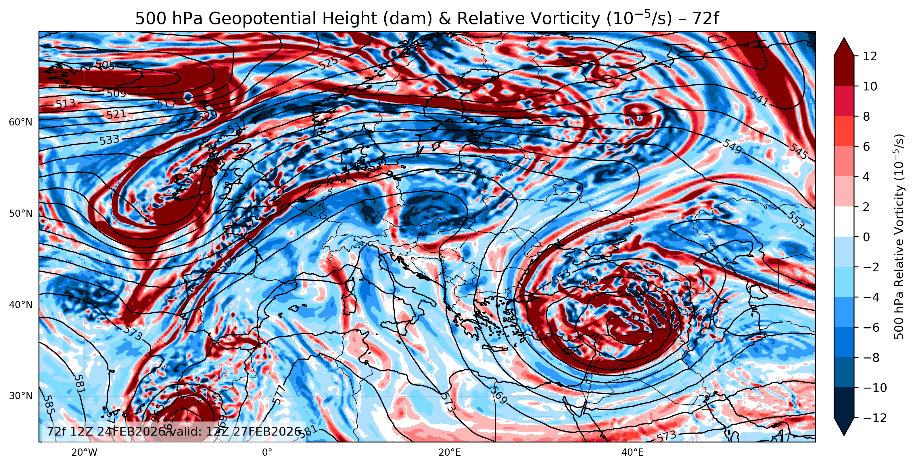 Euro 500 hPa Geopotential Height and Relative Vorticity 72 forecast map showing 72-hour predicted positive and negative vorticity