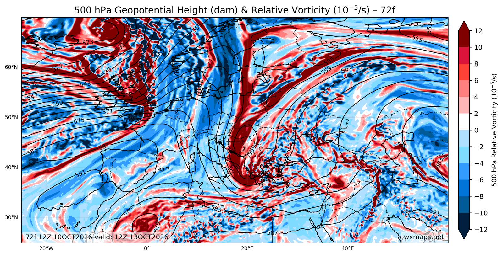 Euro 500 hPa Geopotential Height and Relative Vorticity Charts 72