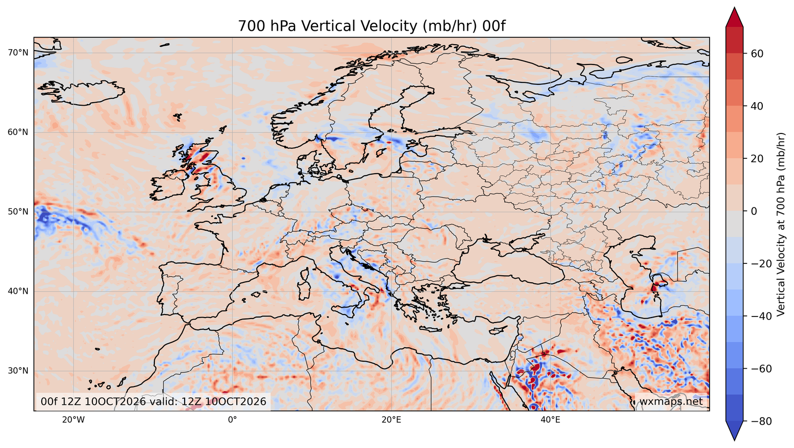 Euro 700 mb Vertical Velocity 00 map showing 700 hPa vertical velocity and red positive subsidence zones