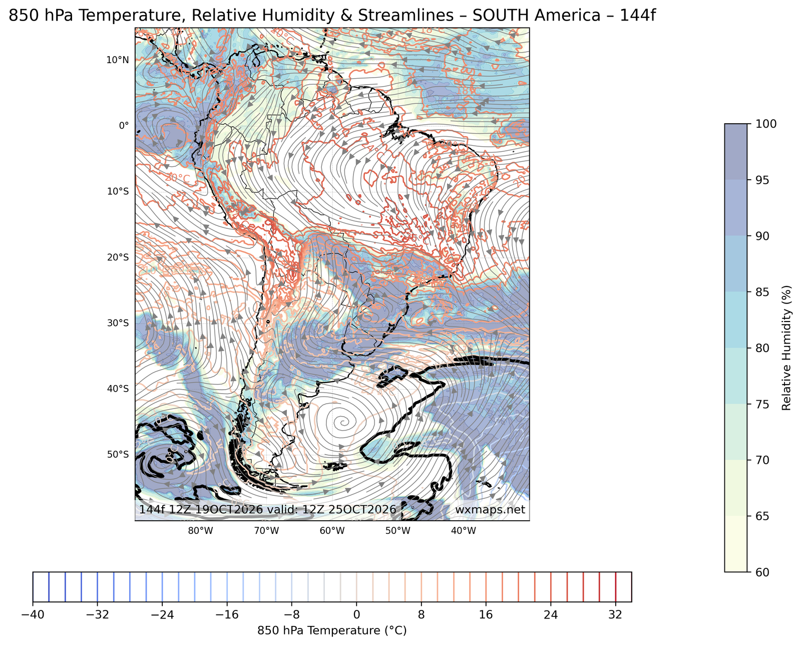 temperatura normal do corpo | 850mb Temperature Relative Humidity And Winds Forecast Chart for South America temperatura normal do corpo - South America 850mb Temperature Relative Humidity And Winds (Day 6 (144h)) GFS Weather Map (clima 14 dias)