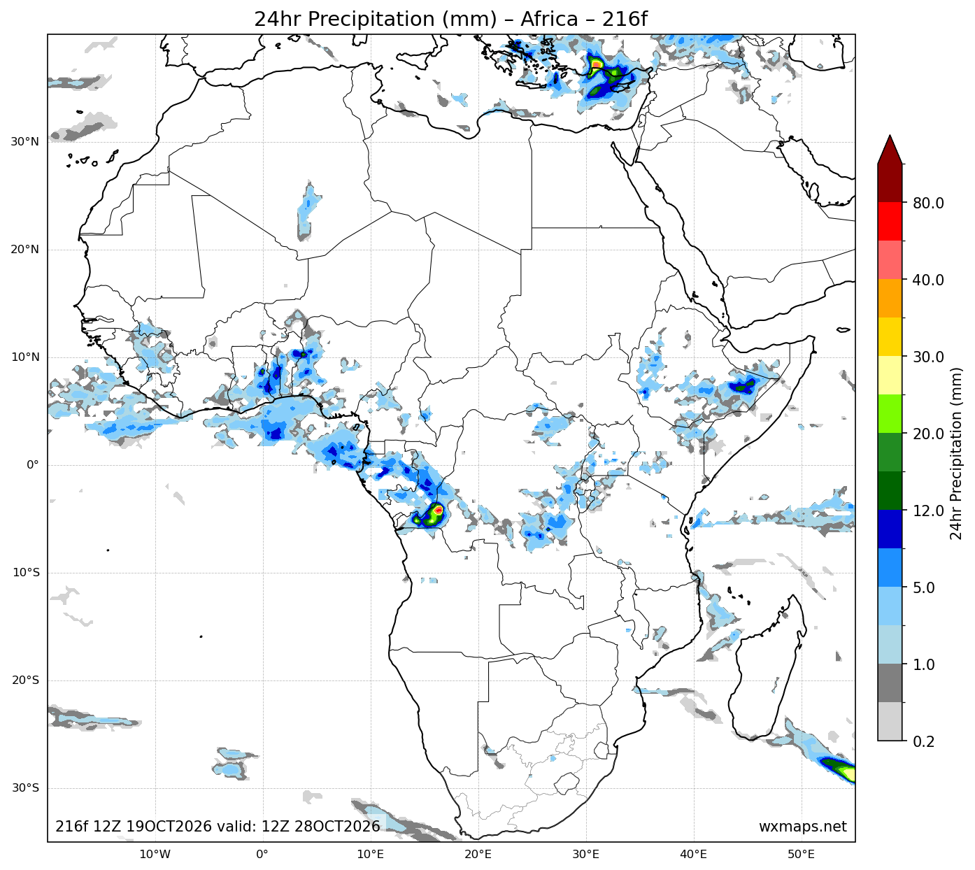 king williams town weather | 24 Hour Quantitative Precipitation Forecast Forecast Chart for Africa king williams town weather - Africa 24 Hour Quantitative Precipitation Forecast (Day 9 (216h)) GFS Weather Map (vryheid weather)