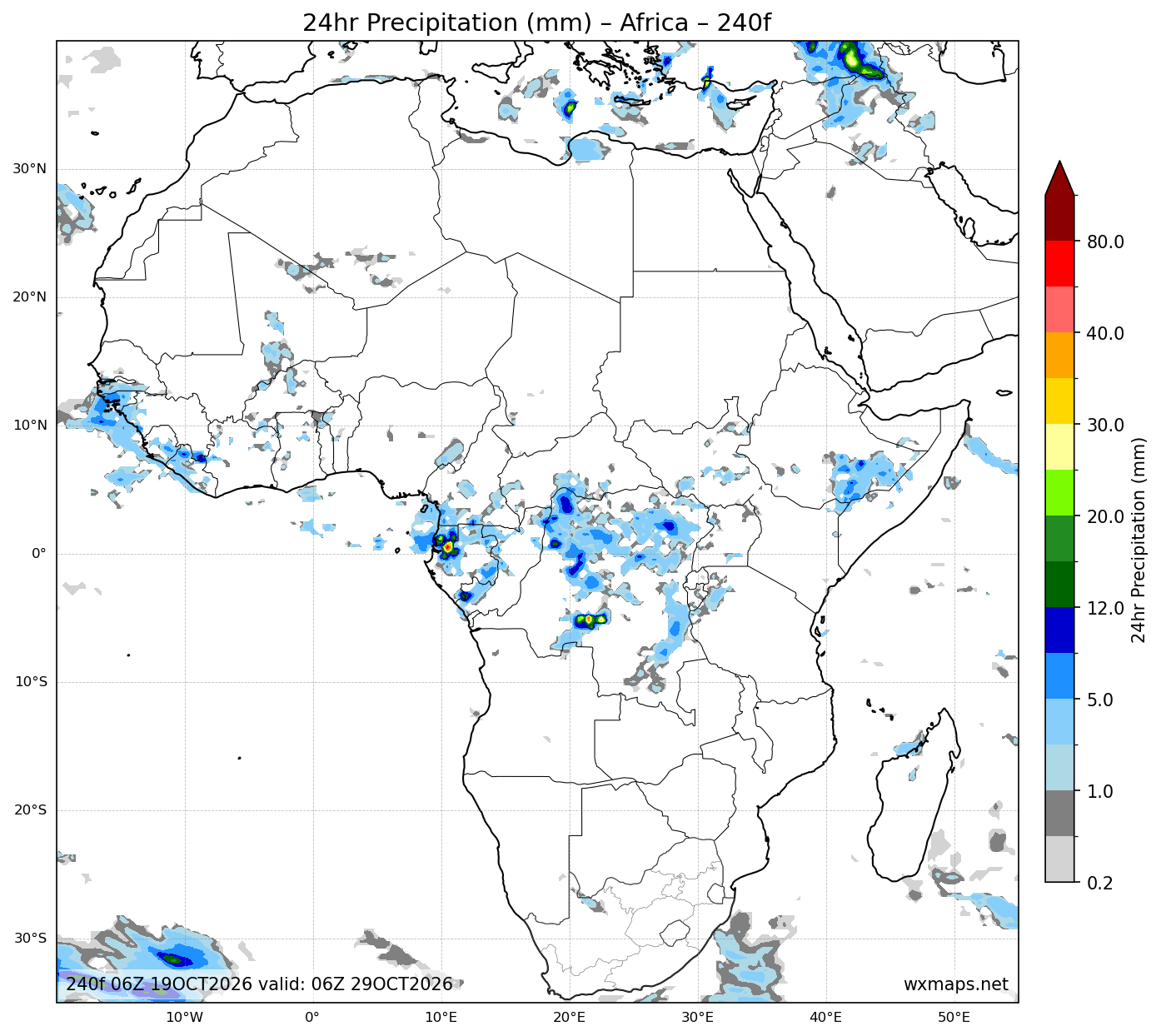 weather giyani | 24 Hour Quantitative Precipitation Forecast Forecast Chart for Africa weather giyani - Africa 24 Hour Quantitative Precipitation Forecast (Day 10 (240h)) GFS Weather Map (weather port shepstone)