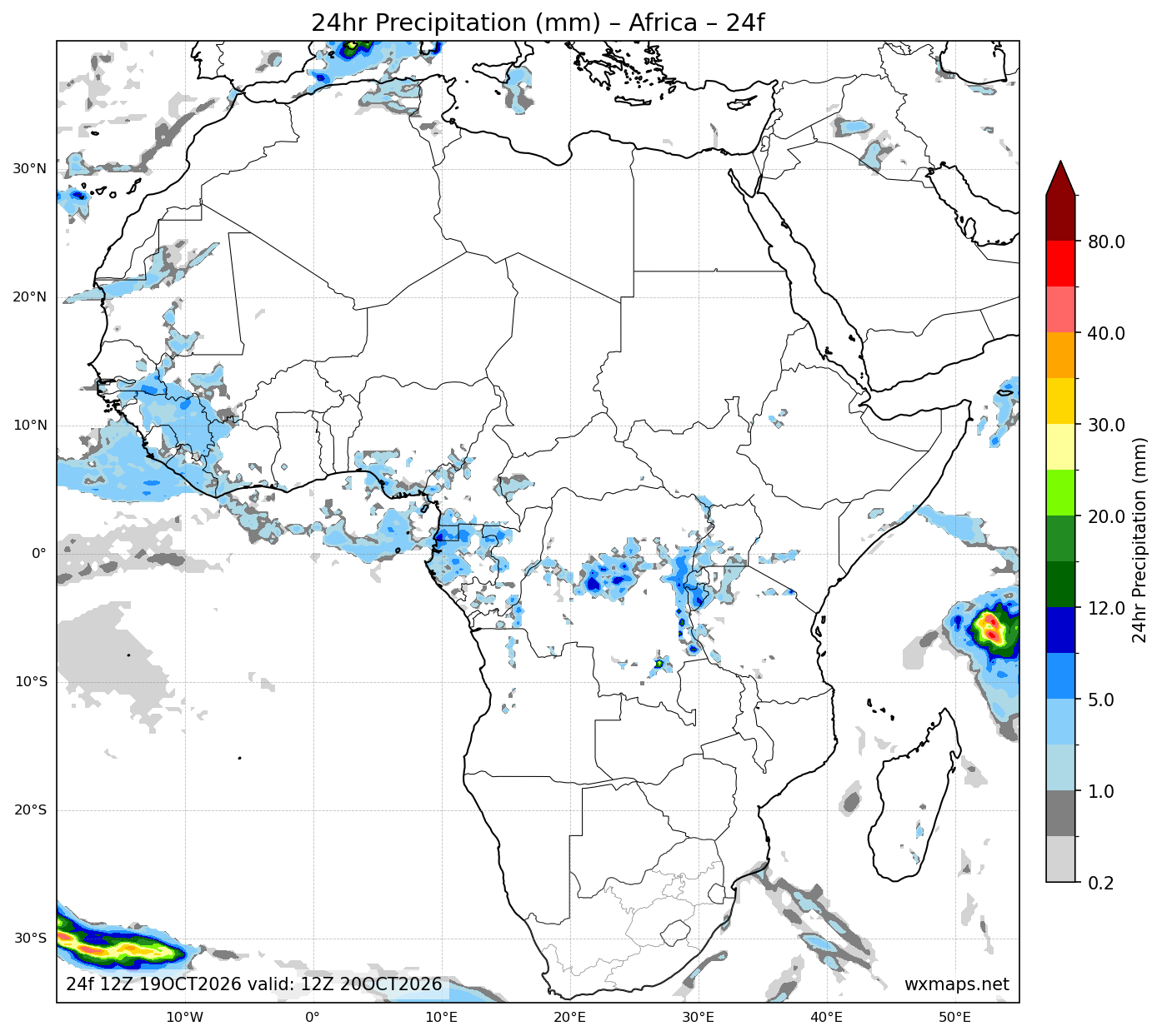 weather centurion | 24 Hour Quantitative Precipitation Forecast Forecast Chart for Africa weather centurion - Africa 24 Hour Quantitative Precipitation Forecast (Day 1 (24h)) GFS Weather Map (weather mthatha)