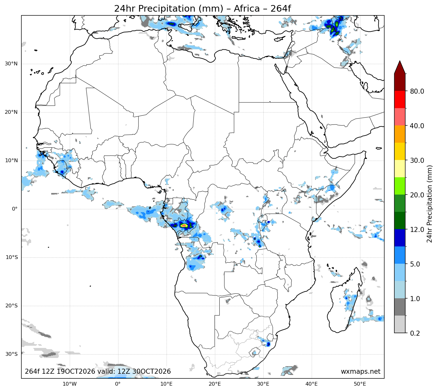 weather queenstown eastern cape | 24 Hour Quantitative Precipitation Forecast Forecast Chart for Africa weather queenstown eastern cape - Africa 24 Hour Quantitative Precipitation Forecast (Day 11 (264h)) GFS Weather Map (kokstad weather)