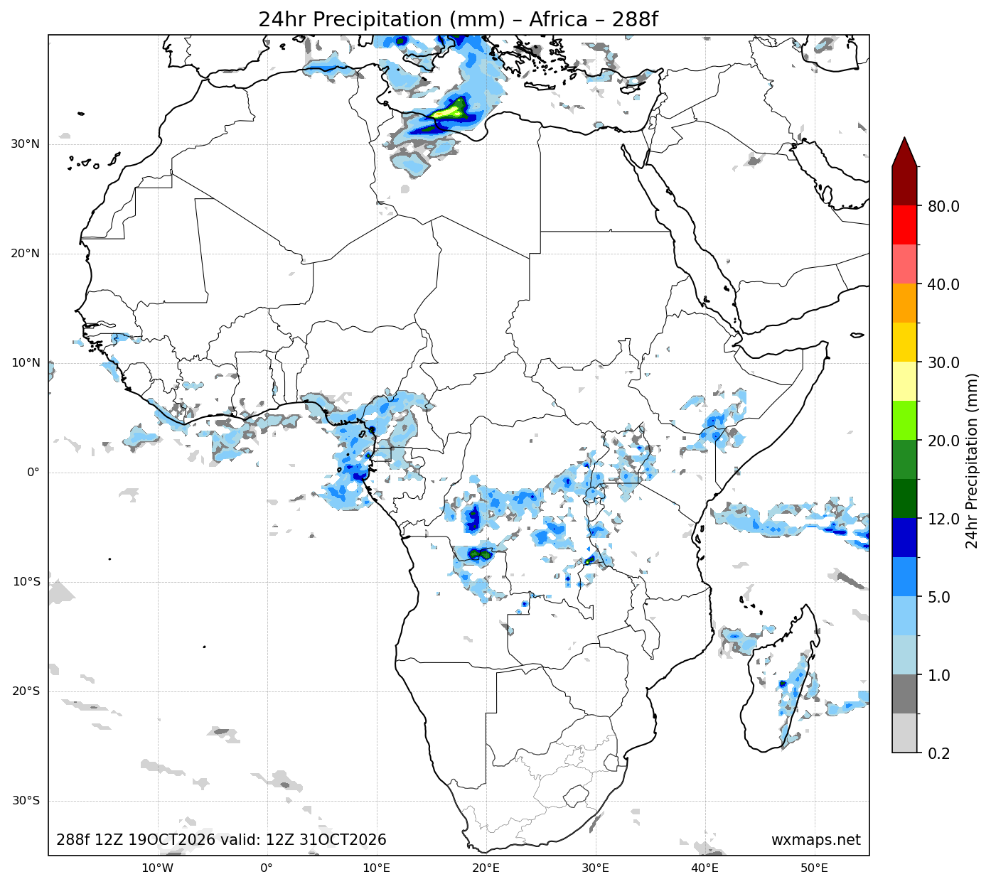 kroonstad weather | 24 Hour Quantitative Precipitation Forecast Forecast Chart for Africa kroonstad weather - Africa 24 Hour Quantitative Precipitation Forecast (Day 12 (288h)) GFS Weather Map (phuthaditjhaba weather)
