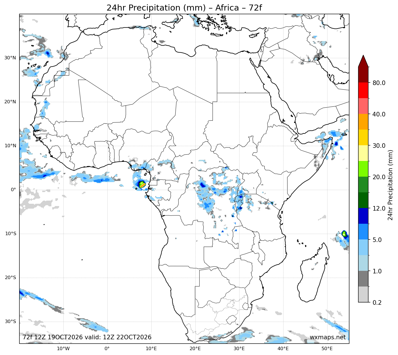 weather forecasting | 24 Hour Quantitative Precipitation Forecast Forecast Chart for Africa weather forecasting - Africa 24 Hour Quantitative Precipitation Forecast (Day 3 (72h)) GFS Weather Map (east london weather)
