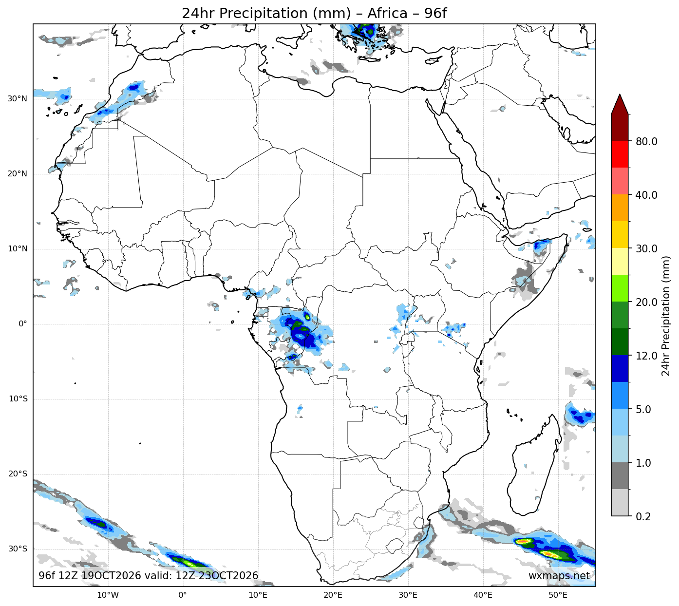 klerksdorp weather | 24 Hour Quantitative Precipitation Forecast Forecast Chart for Africa klerksdorp weather - Africa 24 Hour Quantitative Precipitation Forecast (Day 4 (96h)) GFS Weather Map (weather richards bay)