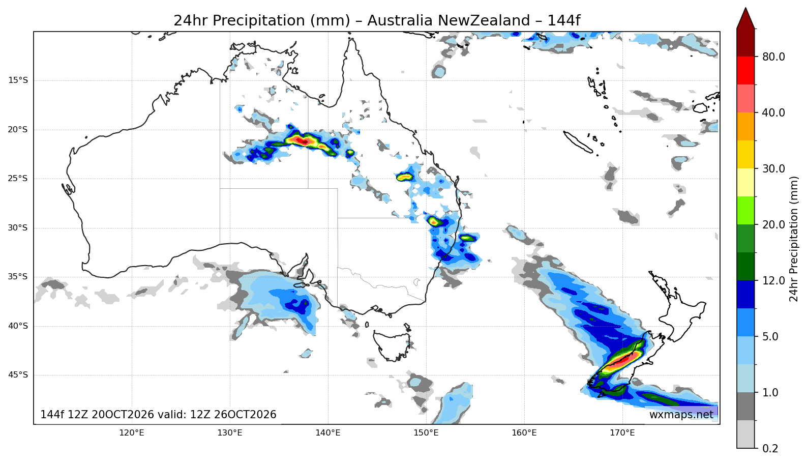 metview - Australia & New Zealand 24 Hour Quantitative Precipitation Forecast (Day 6 (144-Hour Forecast)) High-Resolution GFS Synoptic Weather Map (mslp)
