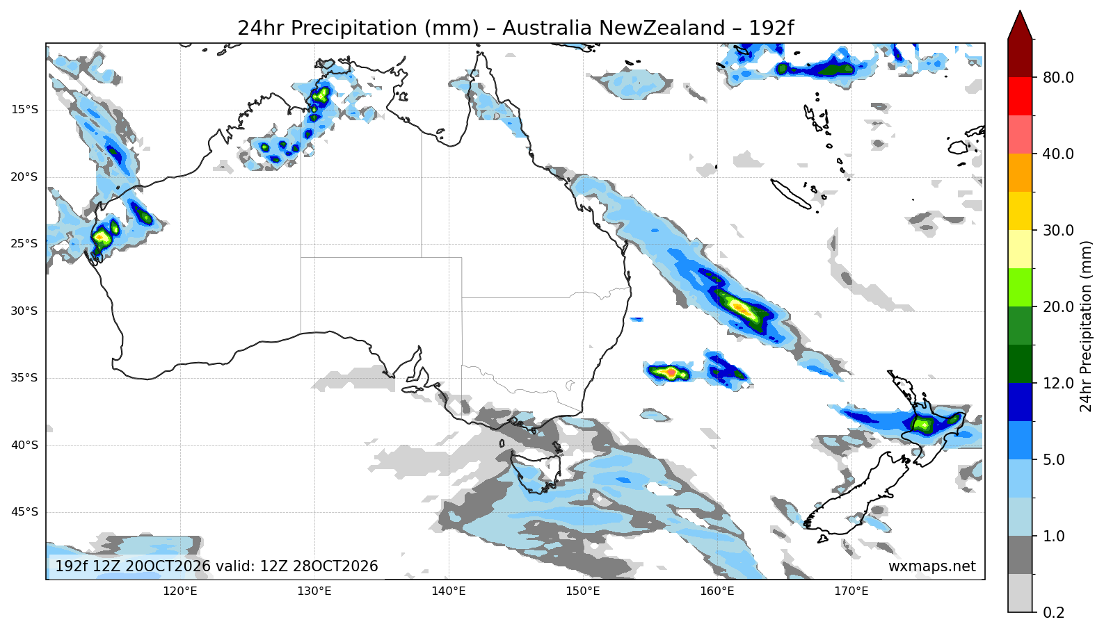start 404 - Australia & New Zealand 24 Hour Quantitative Precipitation Forecast (Day 8 (192-Hour Forecast)) High-Resolution GFS Synoptic Weather Map (tanjung puting national park)