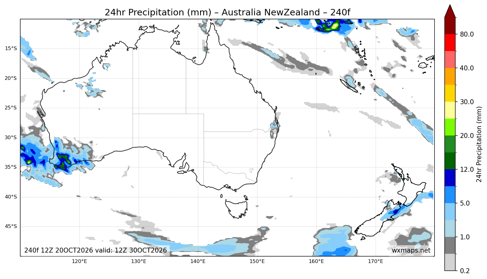 tradf - Australia & New Zealand 24 Hour Quantitative Precipitation Forecast (Day 10 (240-Hour Forecast)) High-Resolution GFS Synoptic Weather Map (travel destination in nepal)