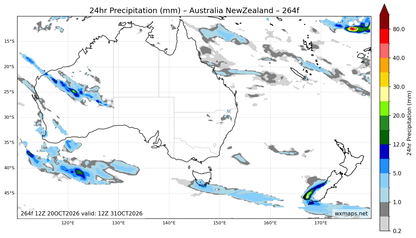 rowville weather - Australia & New Zealand 24 Hour Quantitative Precipitation Forecast (Day 11 (264h)) GFS Weather Map (tasmania wind warning)