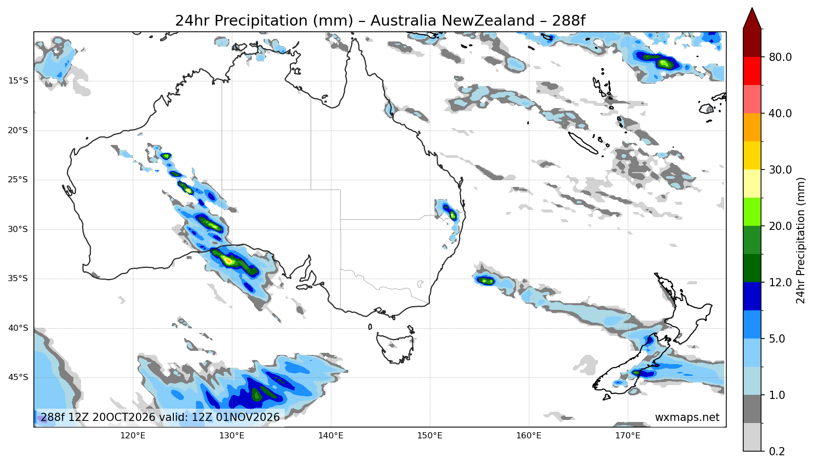 warwick weather - Australia & New Zealand 24 Hour Quantitative Precipitation Forecast (Day 12 (288h)) GFS Weather Map (yeppoon weather)