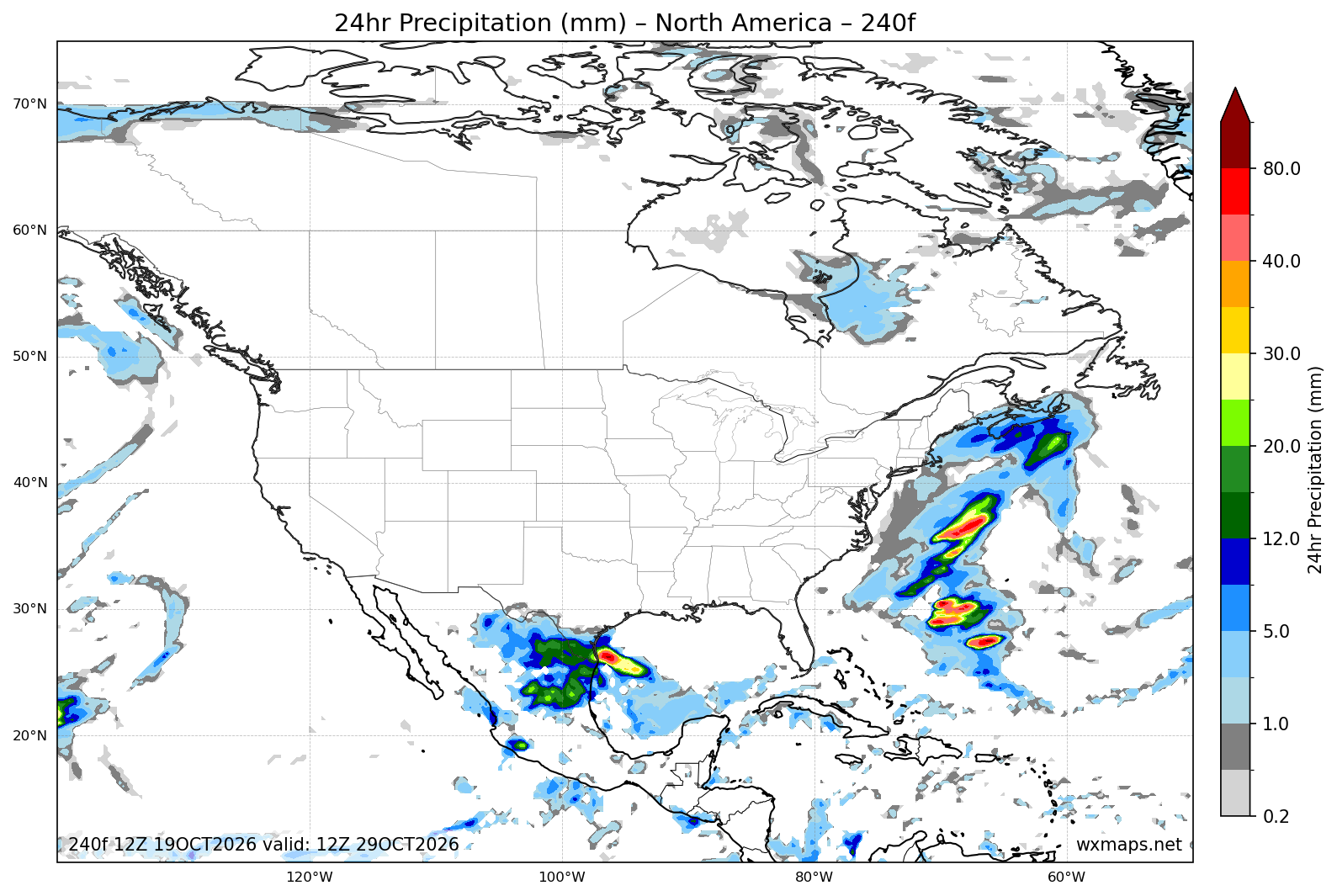 catalina weather california | 24 Hour Quantitative Precipitation Forecast Forecast Chart for North America catalina weather california - North America 24 Hour Quantitative Precipitation Forecast (Day 10 (240h)) GFS Weather Map (el tiempo en oakland)