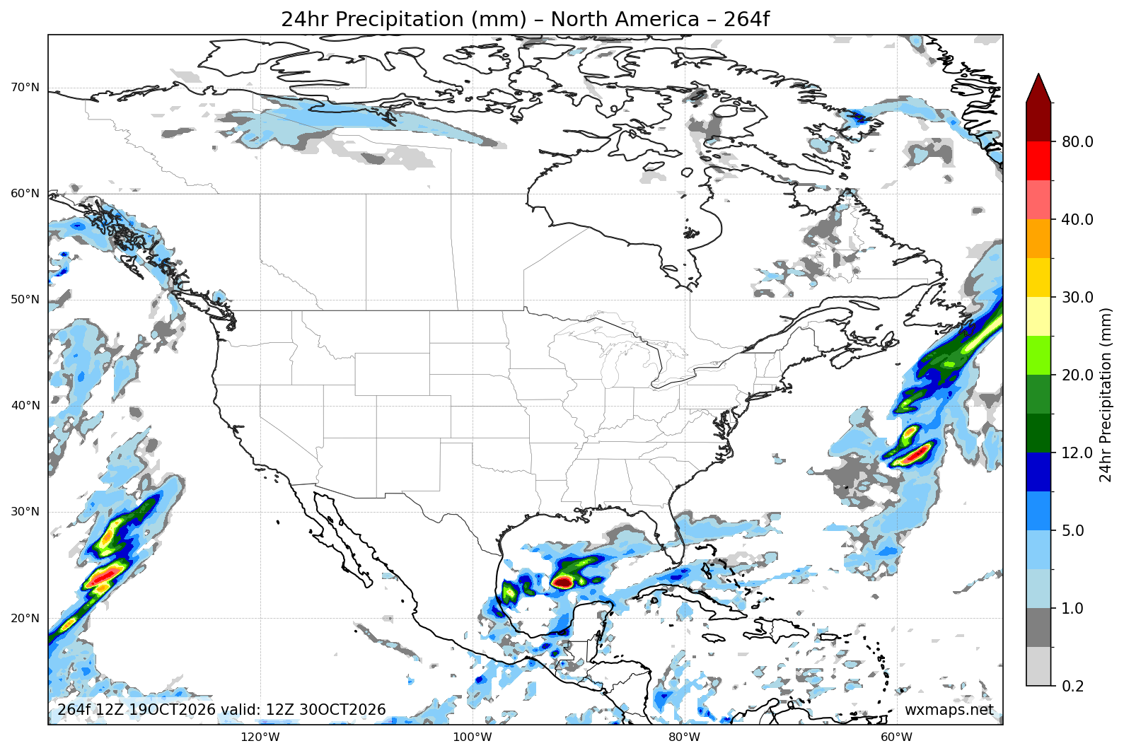 el tiempo en oxnard | 24 Hour Quantitative Precipitation Forecast Forecast Chart for North America el tiempo en oxnard - North America 24 Hour Quantitative Precipitation Forecast (Day 11 (264h)) GFS Weather Map (météo à saguenay)