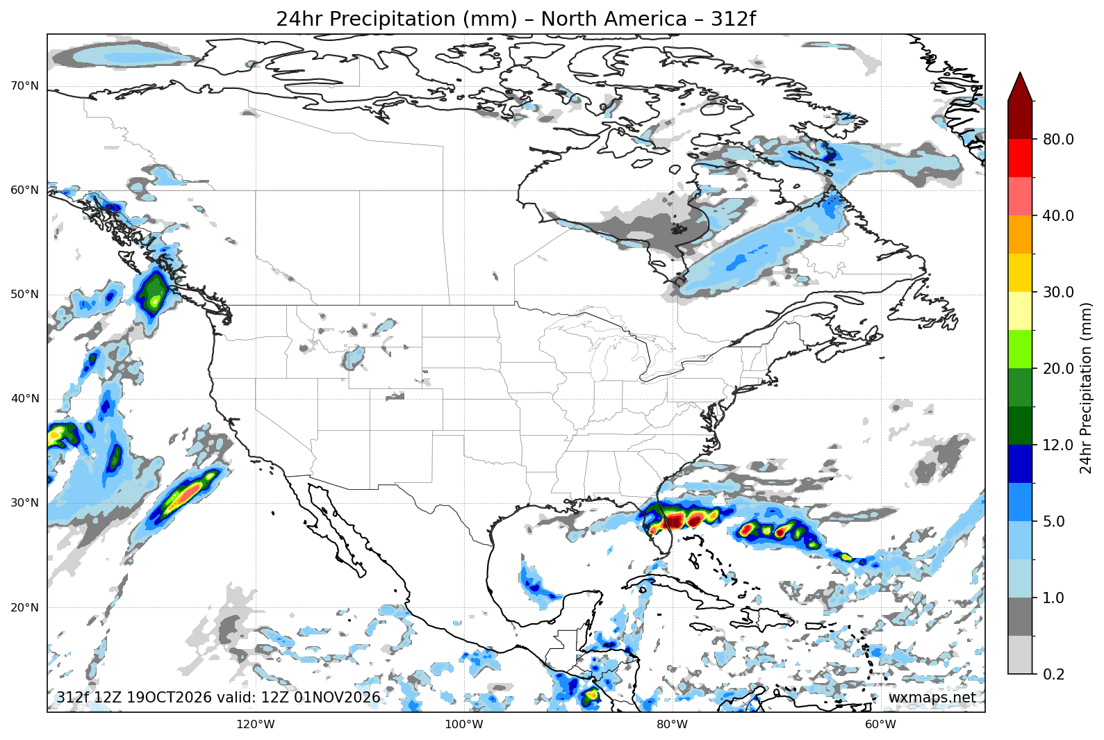 washington d.c. weather 10 day | 24 Hour Quantitative Precipitation Forecast Forecast Chart for North America washington d.c. weather 10 day - North America 24 Hour Quantitative Precipitation Forecast (Day 13 (312h)) GFS Weather Map (hava durumu)