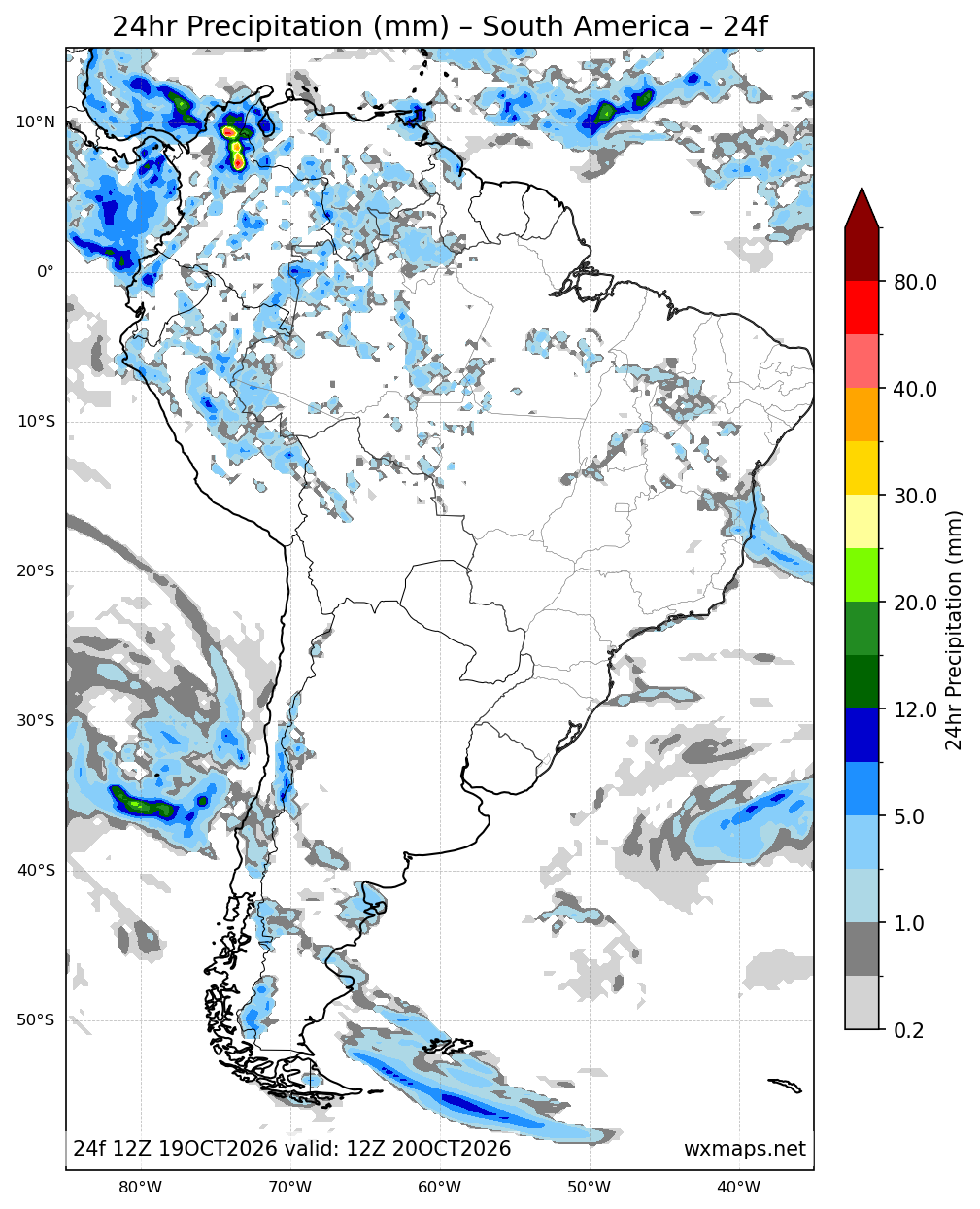 previsão de chuva para amanhã | 24 Hour Quantitative Precipitation Forecast Forecast Chart for South America previsão de chuva para amanhã - South America 24 Hour Quantitative Precipitation Forecast (Day 1 (24h)) GFS Weather Map (el tiempo en puerto general san martin)
