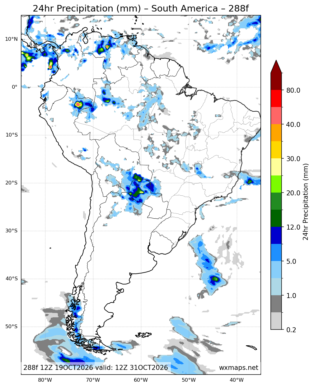 tempo hábil | 24 Hour Quantitative Precipitation Forecast Forecast Chart for South America tempo hábil - South America 24 Hour Quantitative Precipitation Forecast (Day 12 (288h)) GFS Weather Map (clima los toldos)