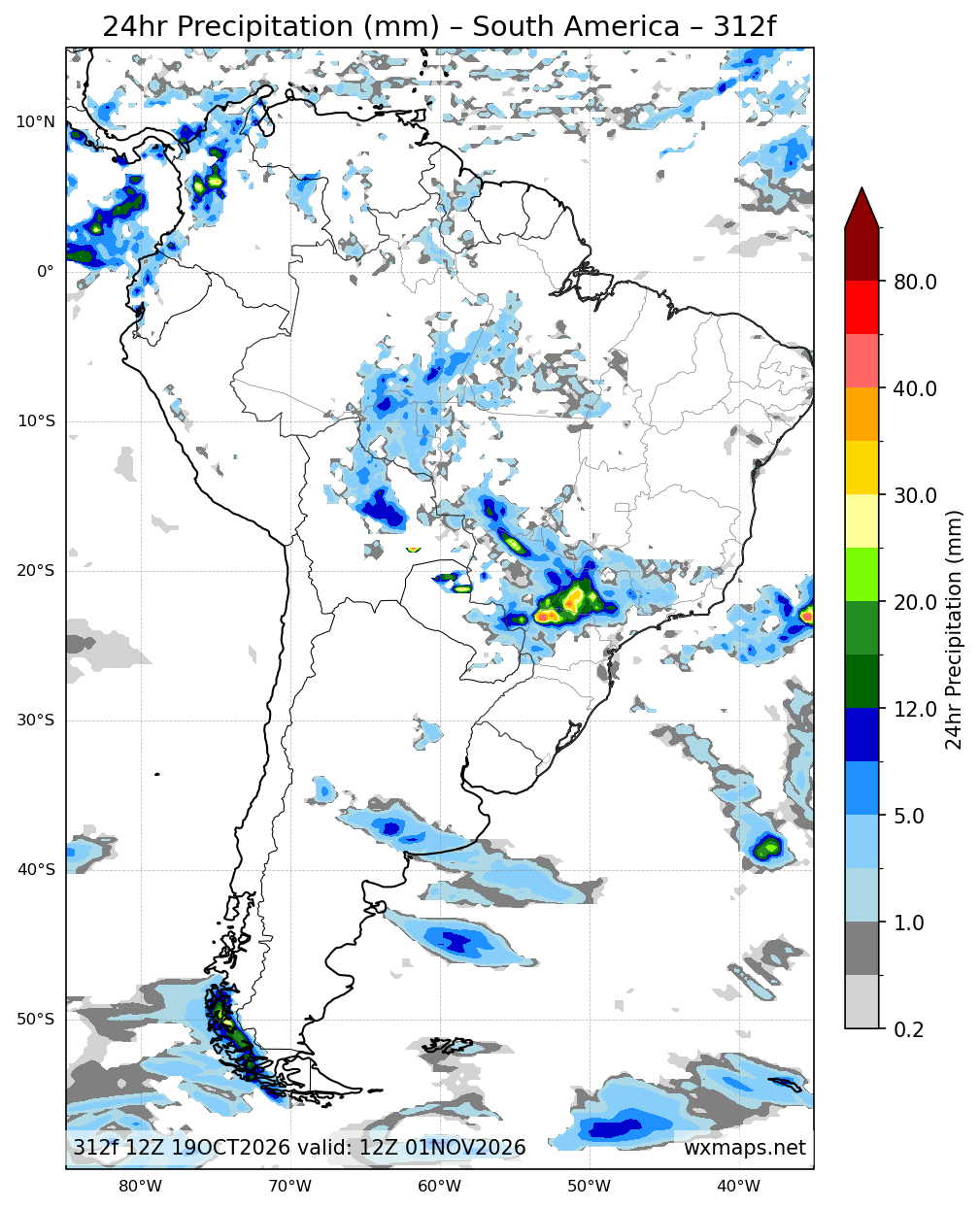 cotrijal meteorologia | 24 Hour Quantitative Precipitation Forecast Forecast Chart for South America cotrijal meteorologia - South America 24 Hour Quantitative Precipitation Forecast (Day 13 (312h)) GFS Weather Map (el tiempo en lirquen)