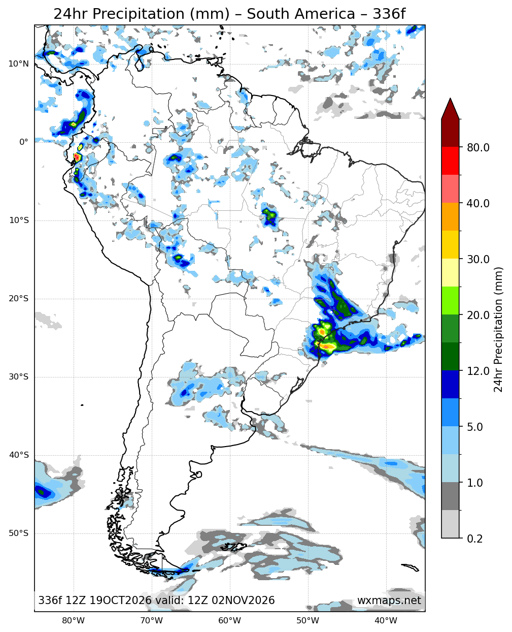 mareologico | South America 24 Hour Quantitative Precipitation Forecast (Day 14 336h) Forecast Map mareologico - South America 24 Hour Quantitative Precipitation Forecast (Day 14 (336-Hour Forecast)) High-Resolution GFS Synoptic Weather Map (portal 5900)