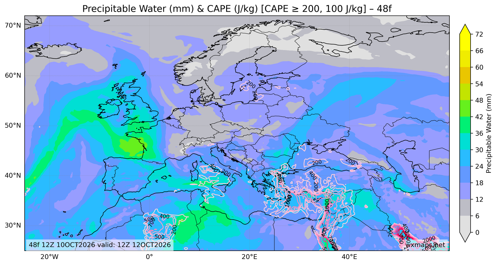 Europe Day 2 Forecast cape and precipitable water